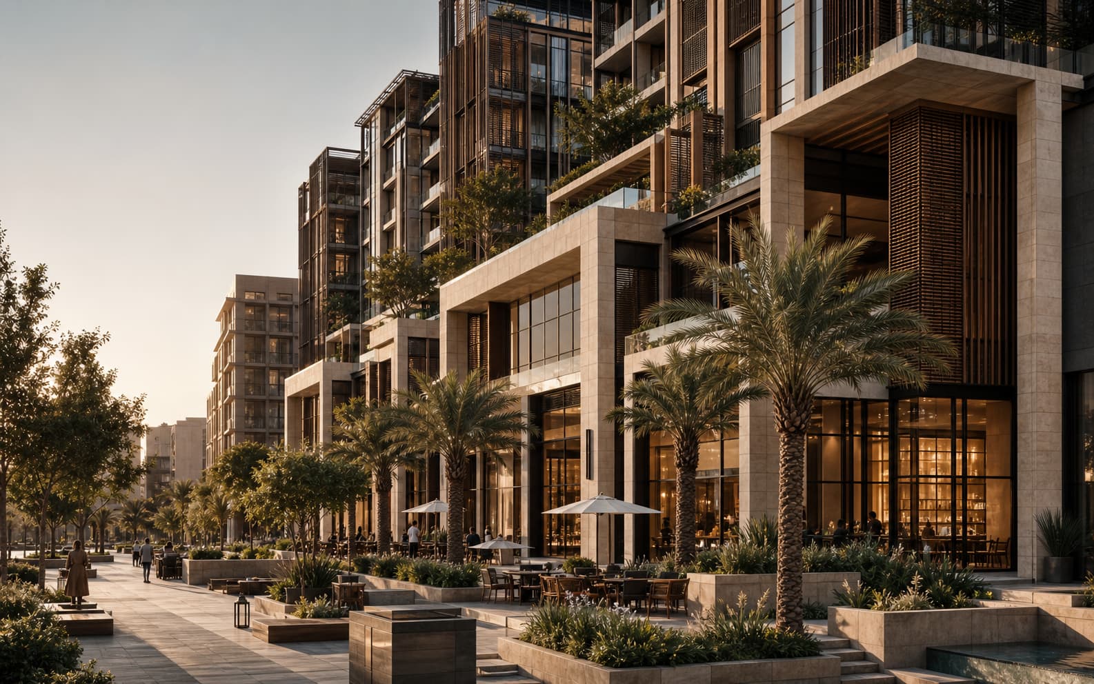 Développement immobilier contemporain à Dubaï, entouré de palmiers et de terrasses paysagées